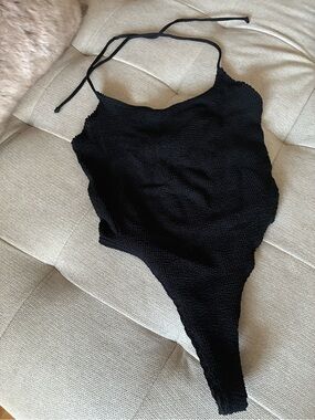 Black Textured One-Piece Swimsuit with Tie Straps